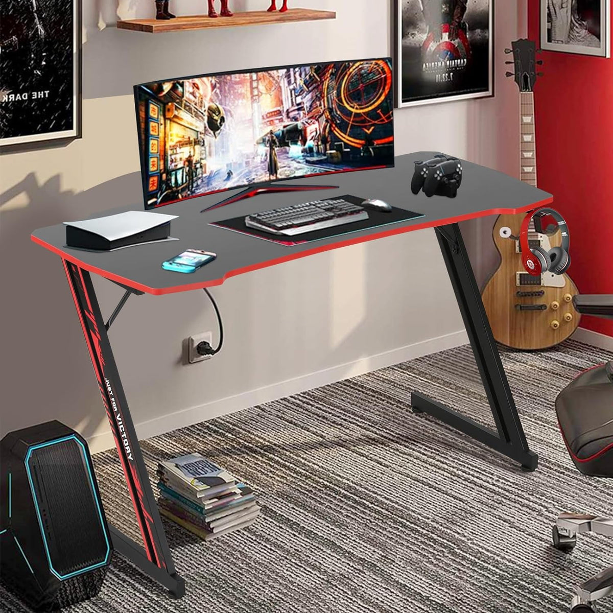 47 Inch Gaming Desk Z-Shaped Computer Desk Home Office Desk with Headphone Hook, Red