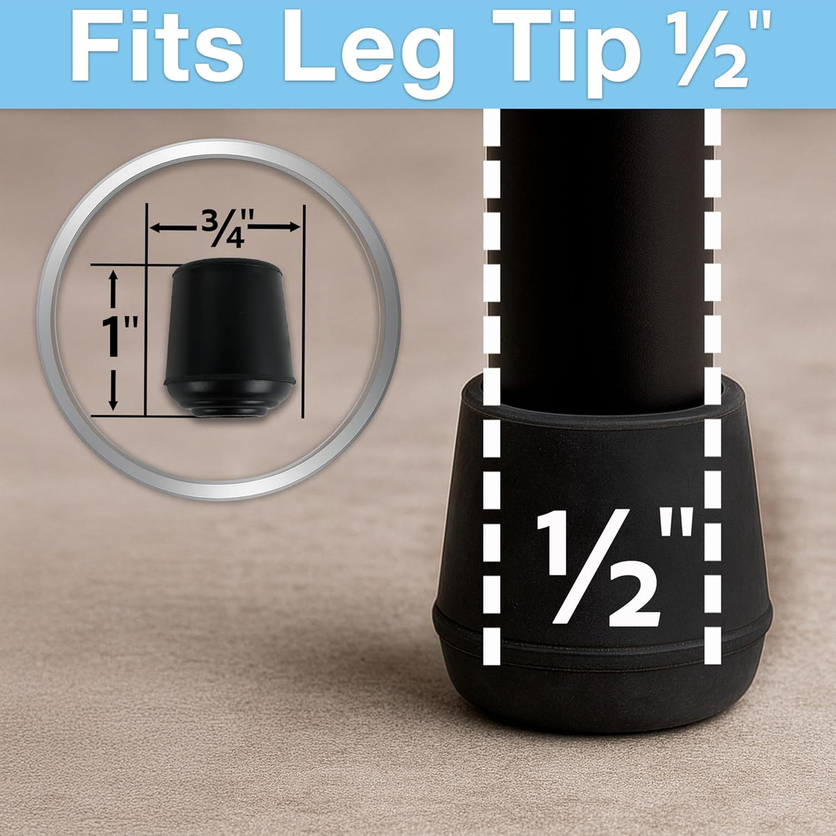 1/2" round Non-Marking Rubber Slip-On Chair Leg Tips, Nonslip Protective Furniture Leg Caps for Chairs, Stools, and Tables on Hard Surfaces, Set of 4, Black