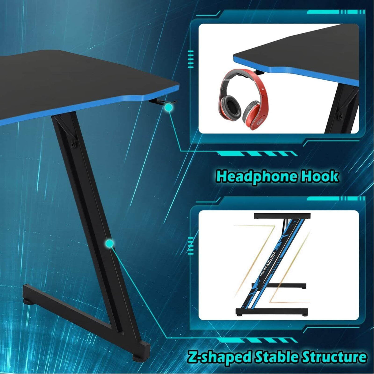 47 Inch Z-Shaped Gaming Desk, PC Computer Table Home Office Desk Ergonomic Gamer Workstation with Headphone Hook, Blue