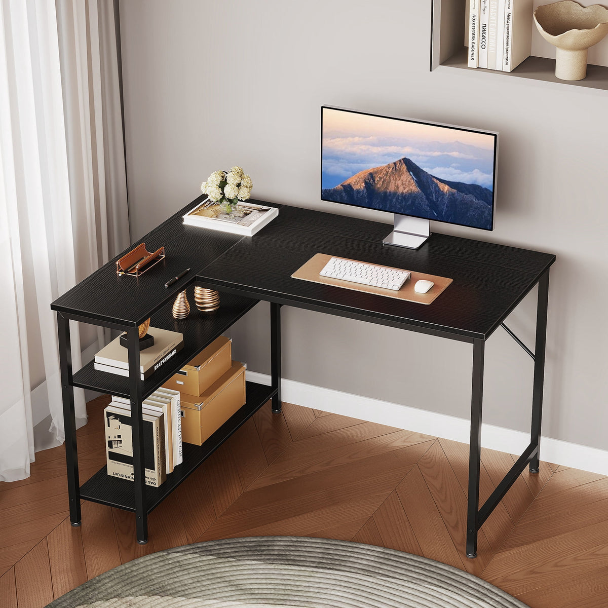 Small L Shaped Desk 40 Inch, Computer Desk with Shelves, Corner Desk, Reversible Office Desk, Black
