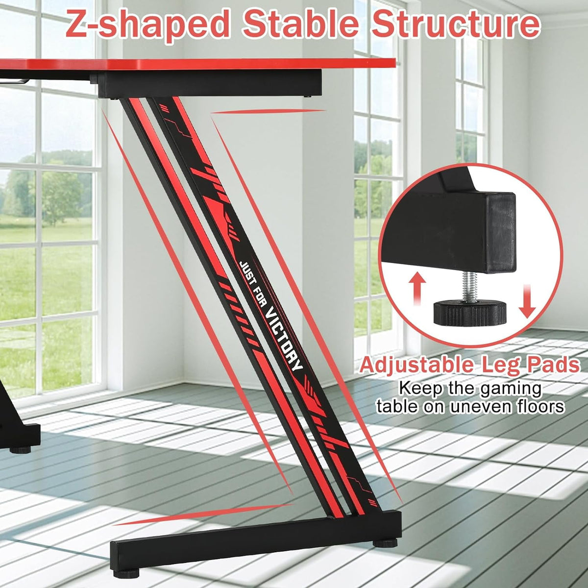 47 Inch Gaming Desk Z-Shaped Computer Desk Home Office Desk with Headphone Hook, Red