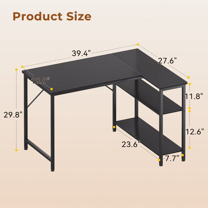 Small L Shaped Desk 40 Inch, Computer Desk with Shelves, Corner Desk, Reversible Office Desk, Black